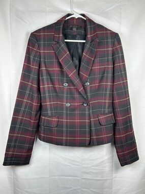 Express Design Studio Plaid Double Breasted Jacket Size 8 Burgundy Red Black
